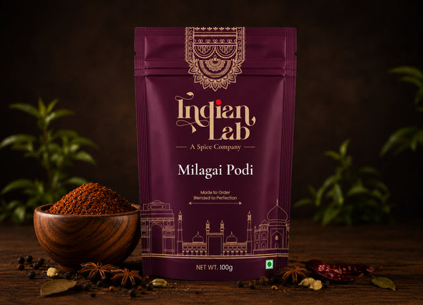 A 100g stand-up pouch of Indian Lab Milagai Podi spice mix, displayed on a rustic wooden surface with a wooden bowl of the spice, star anise, and whole spices, set against a dark background with blurred green plants.