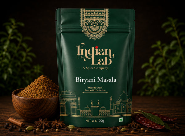 A 100g pouch of Indian Lab Biryani Masala spice mix, styled on a dark wooden surface with a bowl of loose powder, whole spices, and herbs in the background.