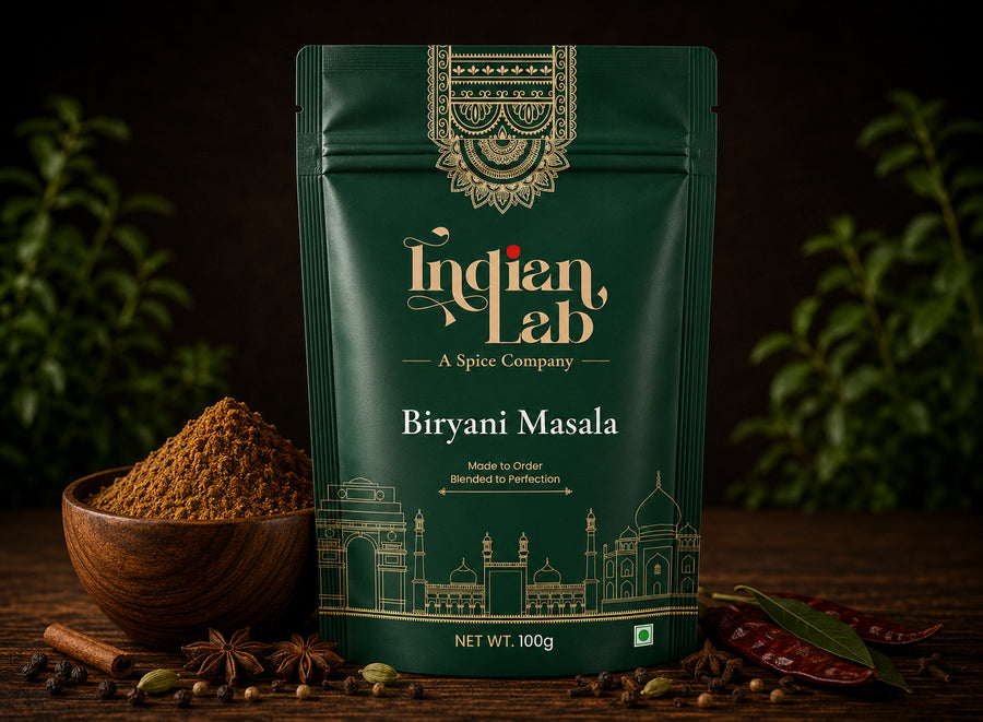 A 100g pouch of Indian Lab Biryani Masala spice mix, styled on a dark wooden surface with a bowl of loose powder, whole spices, and herbs in the background.