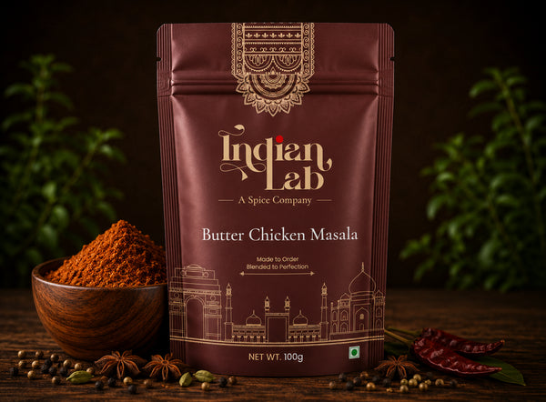 A 100g stand-up pouch of Indian Lab Butter Chicken Masala spice mix, styled on a dark wooden table with a bowl of orange-red powder, whole spices, and red chilies against a dark background with soft green foliage.