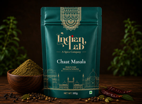 A 100g stand-up pouch of Indian Lab Chaat Masala spice mix, styled on a dark wooden table with a bowl of green powder, whole spices, and dried red chilies against a dark background with soft green foliage.