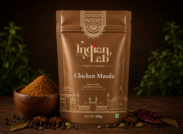 A stand-up pouch of Indian Lab Chicken Masala spice mix displayed on a rustic wooden surface with a small wooden bowl of the powder, whole spices, and dried red chilies. The background is dark with blurred green foliage.