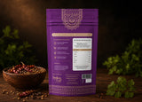 Back view of Indian Lab spice pouch showing nutrition facts, ingredients, and premium resealable packaging.