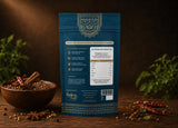 Back view of Indian Lab spice pouch showing nutrition facts, ingredients, and premium resealable packaging.