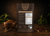 Back view of Indian Lab spice pouch showing nutrition facts, ingredients, and premium resealable packaging.